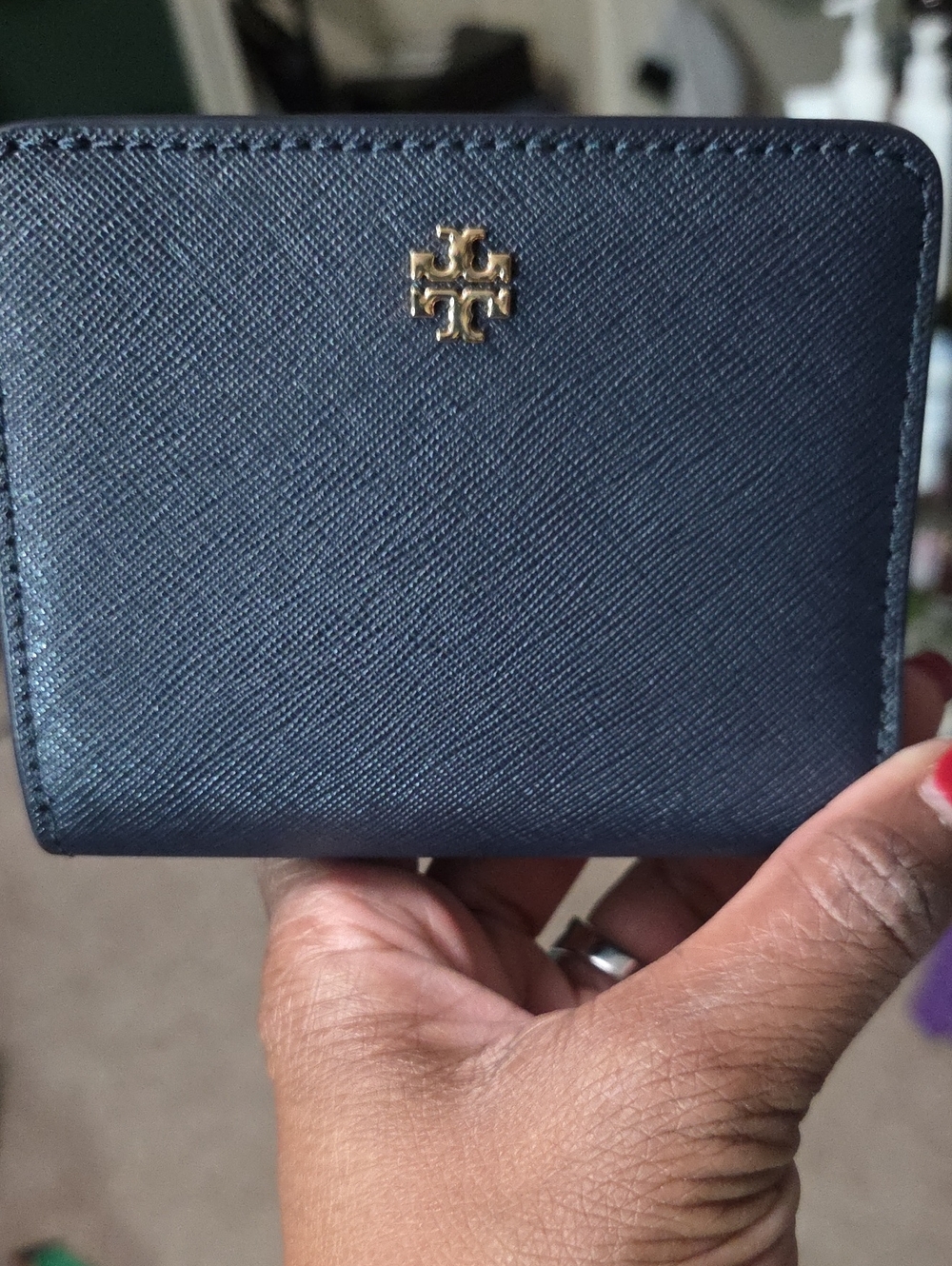 Tory Burch Navy Saffiano Leather Compact Card Holder with Gold Logo